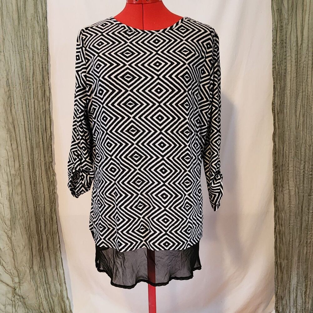 KIM ROGERS Black White Stretch Long Tunic Blouse Roll Tab Sleeves Size L